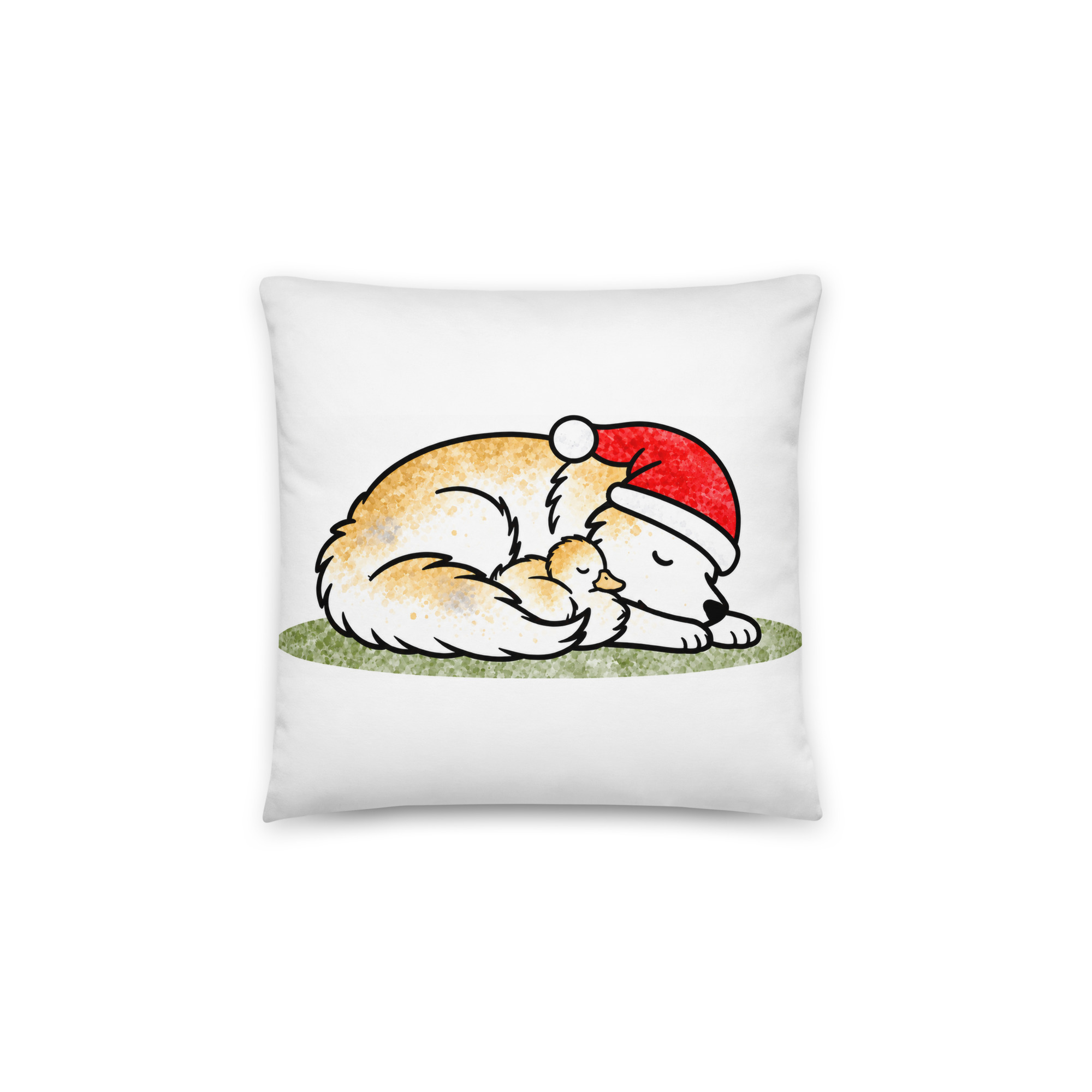 all-over-print-basic-pillow-14x14-back-6ae347461c10e.jpg Weihnachtskissen mit Border Collie Luna mit Weihnachtsmütze und Entenküken Duffy in ihrem Fell