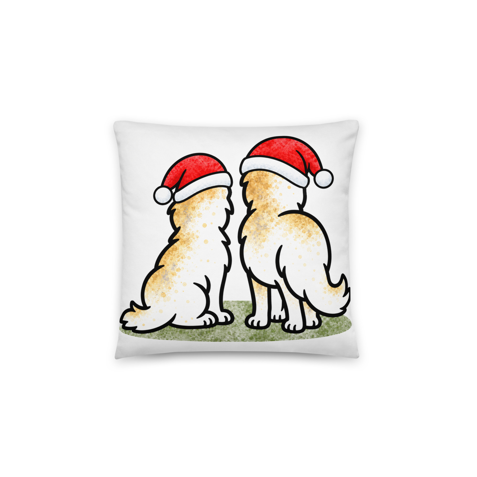 all-over-print-basic-pillow-14x14-back-6ae348278743d.jpg Weihnachtskissen mit Border Collies Luna und Julchen von hinten am Fenster, mit Weihnachtsmützen