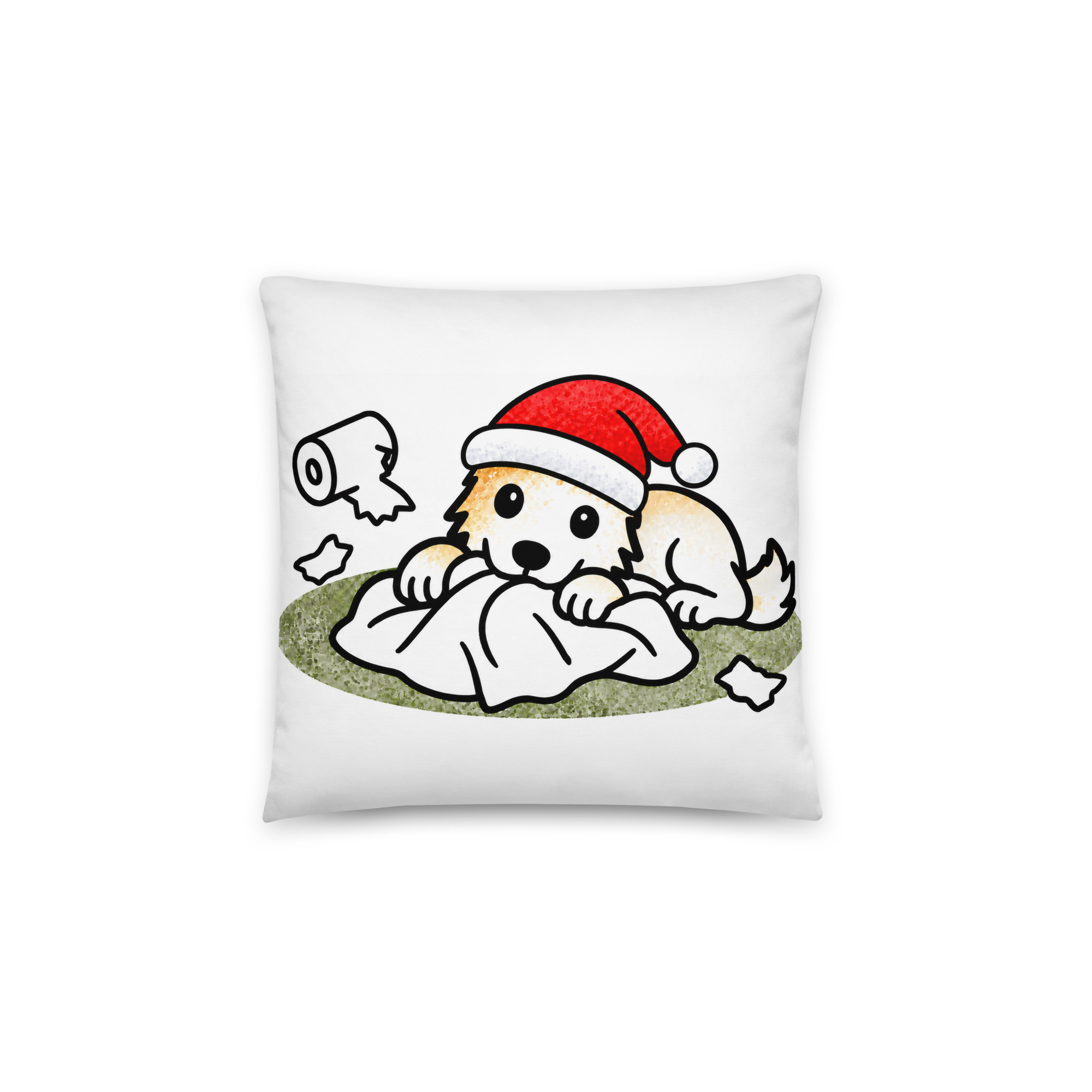 all-over-print-basic-pillow-14x14-back-6ae34cad4570e.jpg Weihnachtskissen mit Border Collie Welpe Luna in der Papierschlacht, mit Weihnachtsmütze
