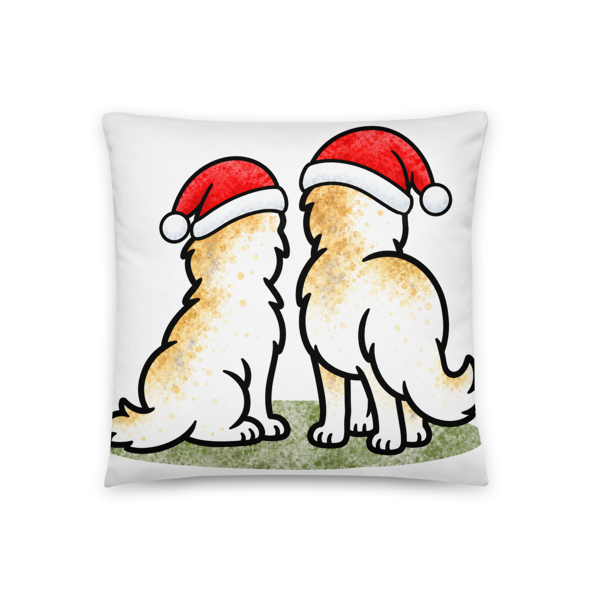 Weihnachtskissen mit Border Collies Luna und Julchen von hinten am Fenster, mit Weihnachtsmützen
