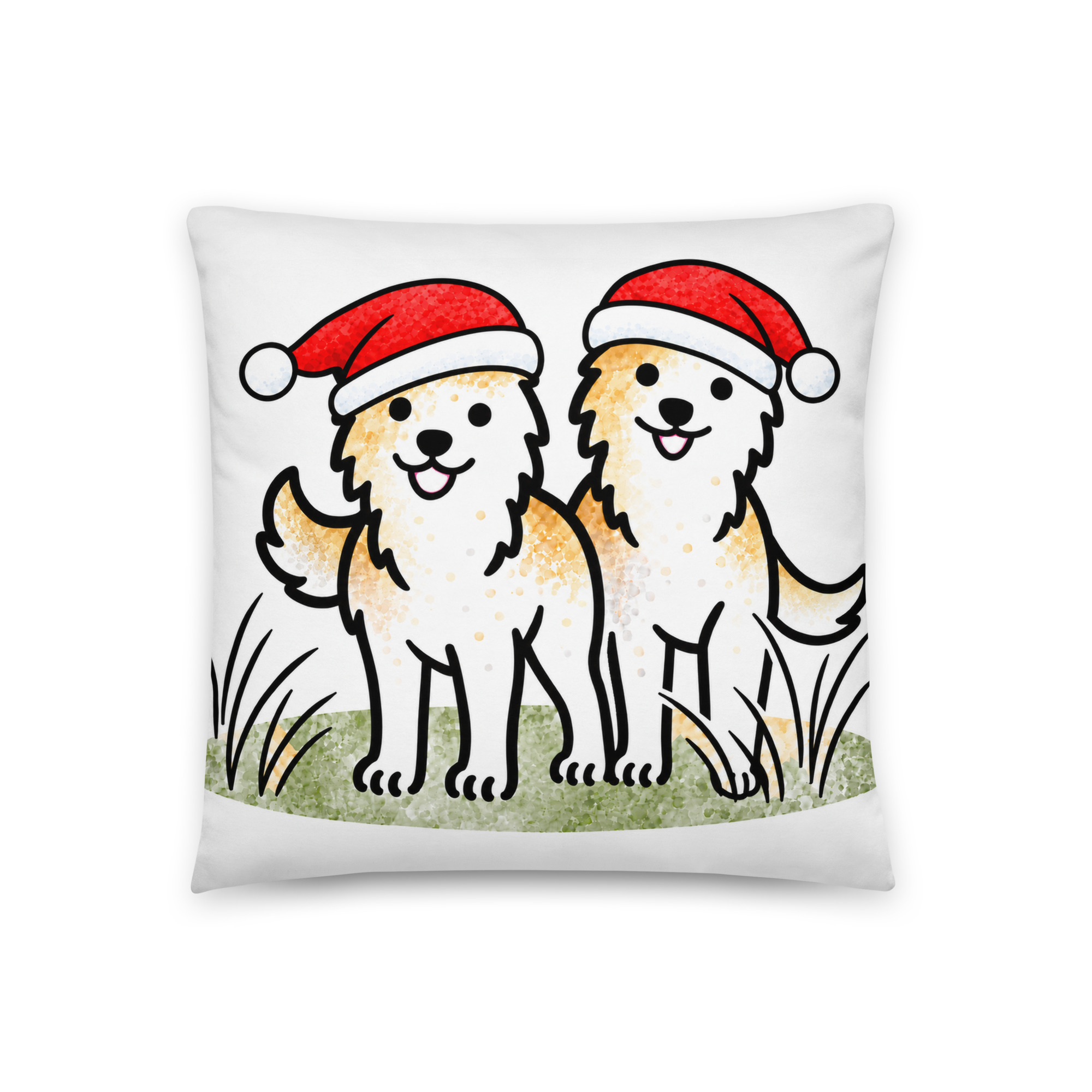 Weihnachtskissen mit Border Collies Luna und Julchen im Dünengras, mit Weihnachtsmützen