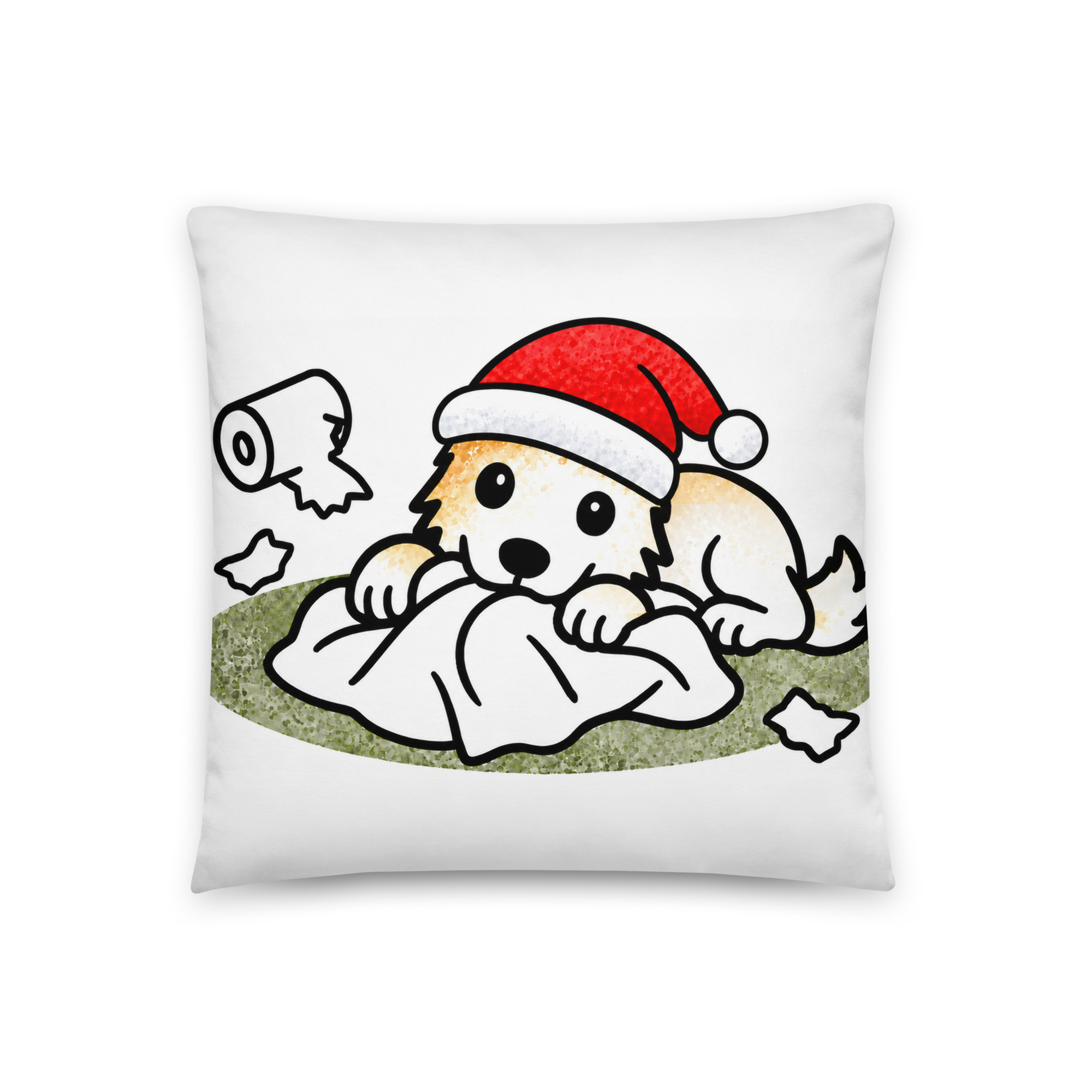 Weihnachtskissen mit Border Collie Welpe Luna in der Papierschlacht, mit Weihnachtsmütze