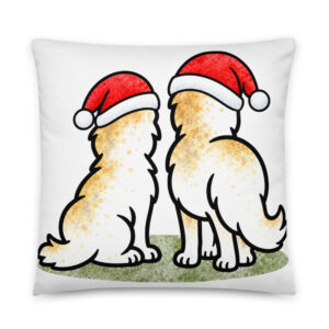 Weihnachtskissen mit Hund – Luna und Julchen am Fenster, von hinten mit Weihnachtsmütze