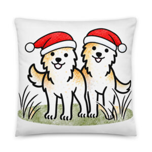 Weihnachtskissen mit Hund – Luna und Julchen in den Dünen, mit Weihnachtsmütze