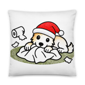 Weihnachtskissen mit Hund – Welpe Luna in der Papierschlacht, mit Weihnachtsmütze