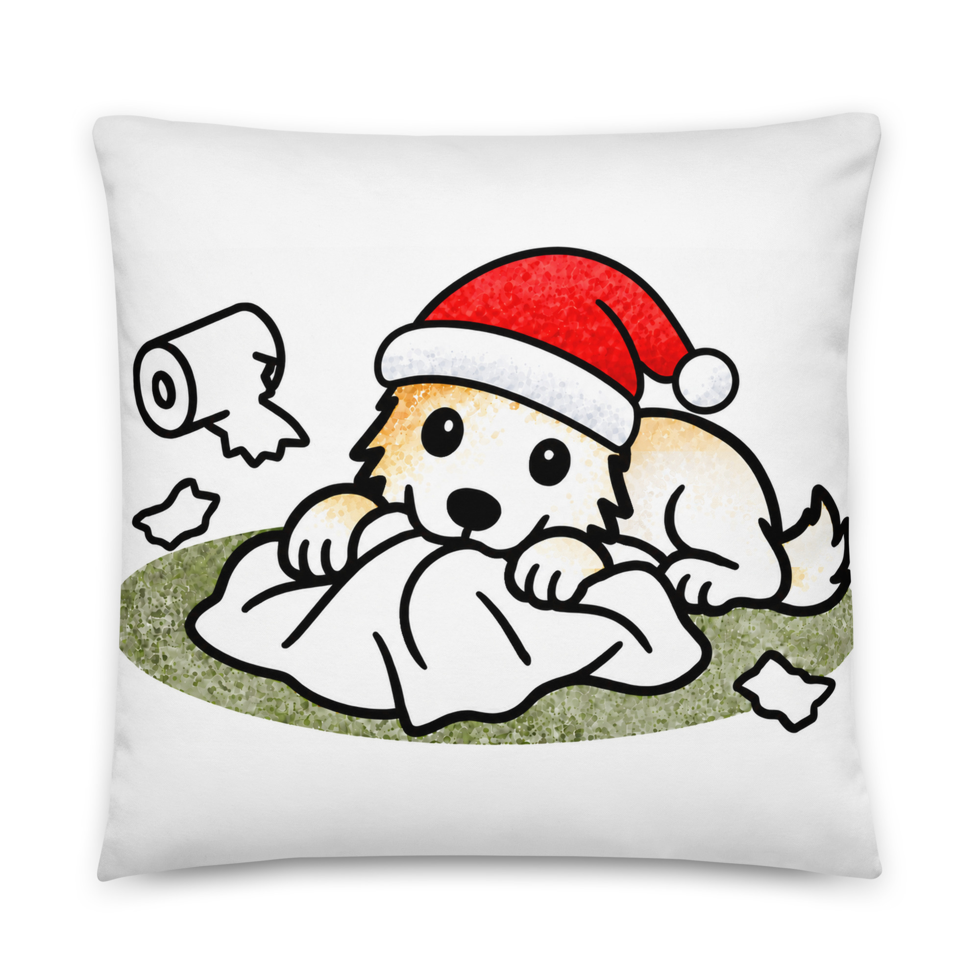 all-over-print-basic-pillow-22x22-front-6ae34cad45821.jpg Weihnachtskissen mit Border Collie Welpe Luna in der Papierschlacht, mit Weihnachtsmütze