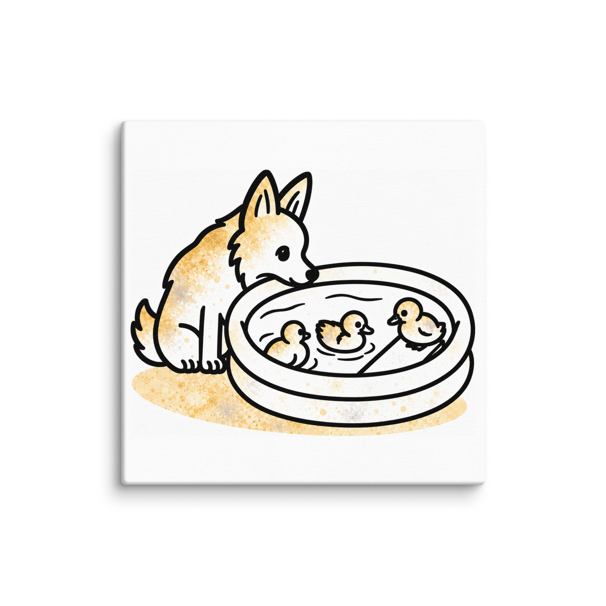 canvas-in-10x10-wall-6ade4ba70f398.jpg Leinwand mit Border Collie Julchen am Kükenpool mit Brandgans-Küken, Strichzeichnung mit Goldtupfen, 25 × 25 cm