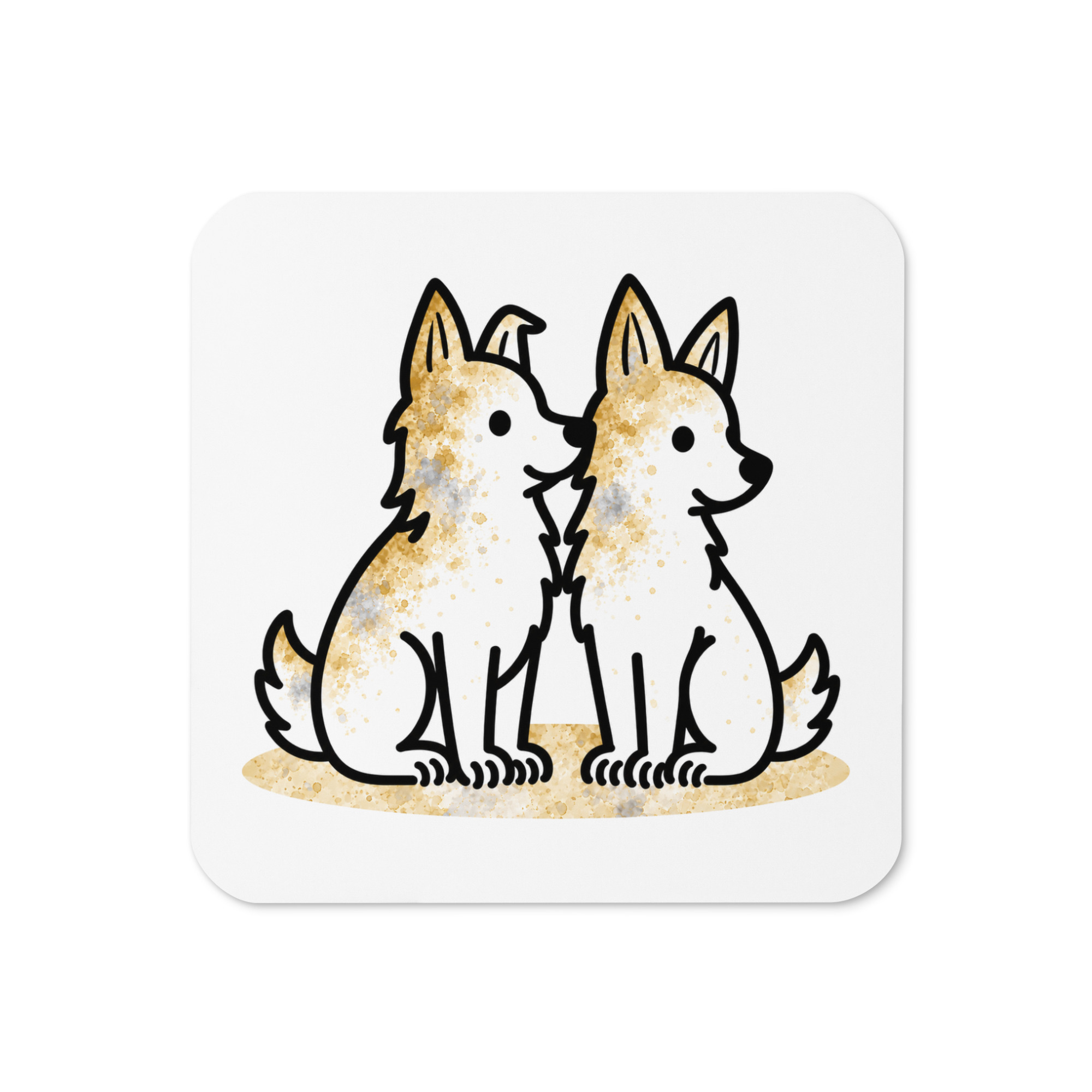 cork-back-coaster-front-6ade2613ae79b.jpg Korkuntersetzer mit Hund – Border Collies Luna und Julchen, Strichzeichnung mit Goldtupfen
