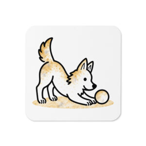 Korkuntersetzer mit Hund – Julchen mit Ball, Strichzeichnung mit Goldtupfen