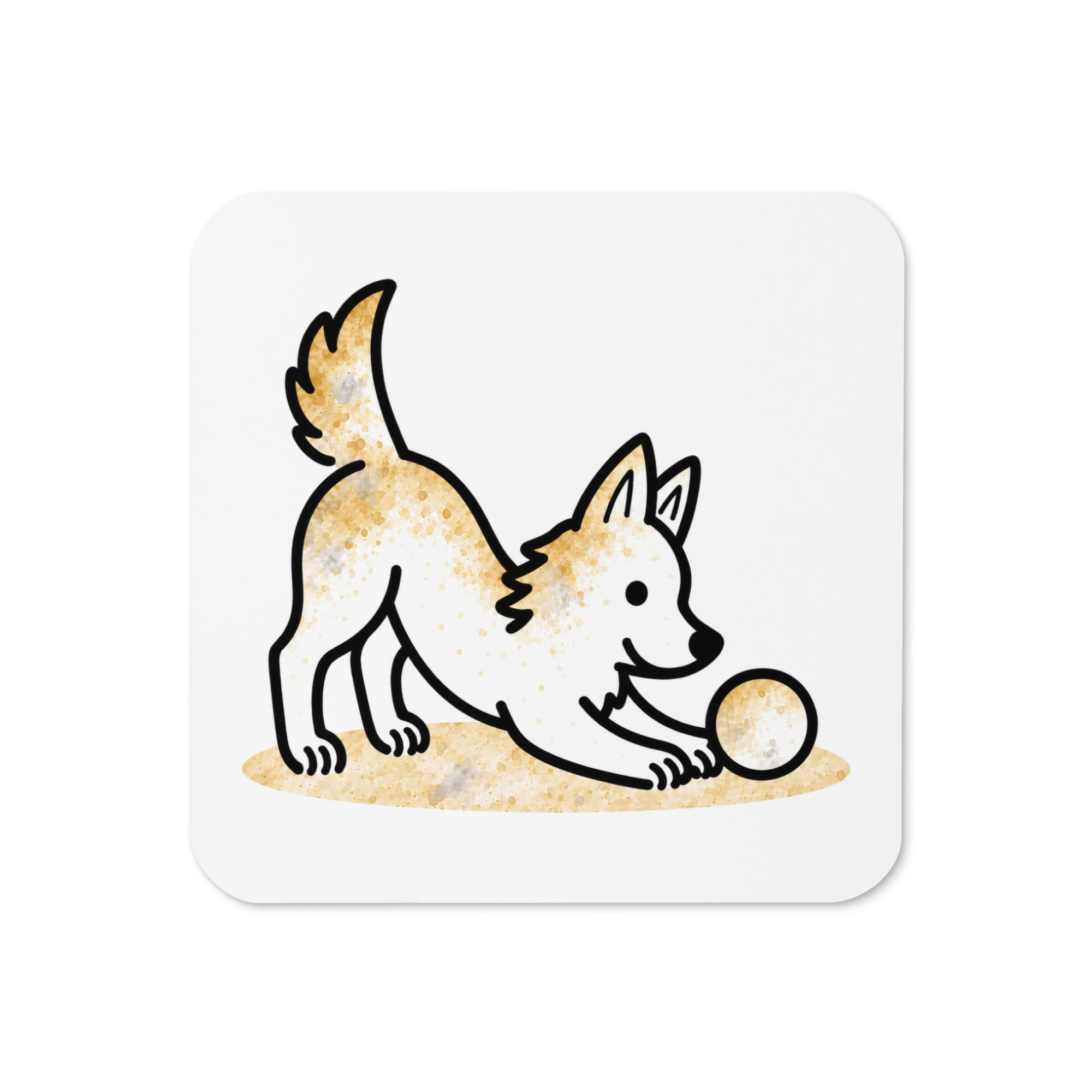 Korkuntersetzer mit Hund – Julchen mit Ball, Strichzeichnung mit Goldtupfen