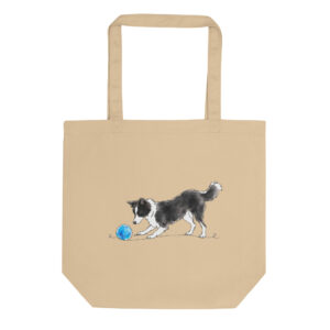 Tote Bag mit Hundemotiv – Border Collie Jule mit Ball, Stoffbeutel aus Bio-Baumwolle