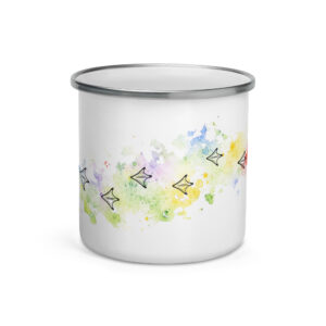 Emaille Tasse mit Brandgans-Spur – Kalli auf der Blumenwiese
