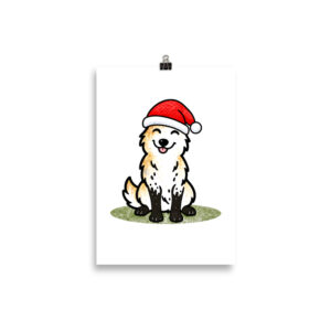 Weihnachtsposter mit Hund – Border Collie Luna mit Schlammbeinen und Weihnachtsmütze, Kunstdruck auf mattem Papier