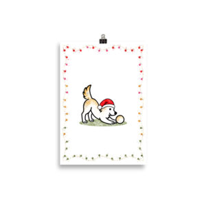 Weihnachtsposter mit Hund – Border Collie Julchen mit Ball und Weihnachtsmütze, Kunstdruck auf mattem Papier