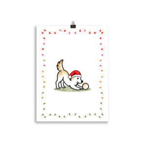 Weihnachtsposter mit Hund – Border Collie Julchen mit Ball und Weihnachtsmütze, Kunstdruck auf mattem Papier