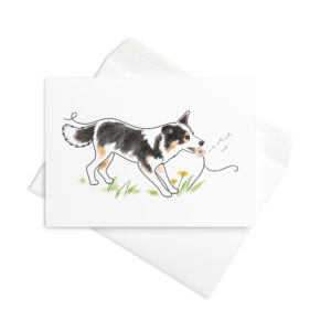 Hundekarte & Geburtstagskarte Border Collie Luna mit Pusteblume – Klappkarte mit Umschlag und Geschichte