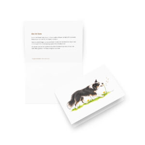 Hundekarte & Geburtstagskarte Border Collie Luna mit Pusteblume – Klappkarte mit Umschlag und Geschichte