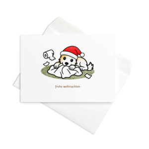 Weihnachtskarte Hund mit Weihnachtsmütze – Welpe Luna in der Papierschlacht, Klappkarte mit Umschlag