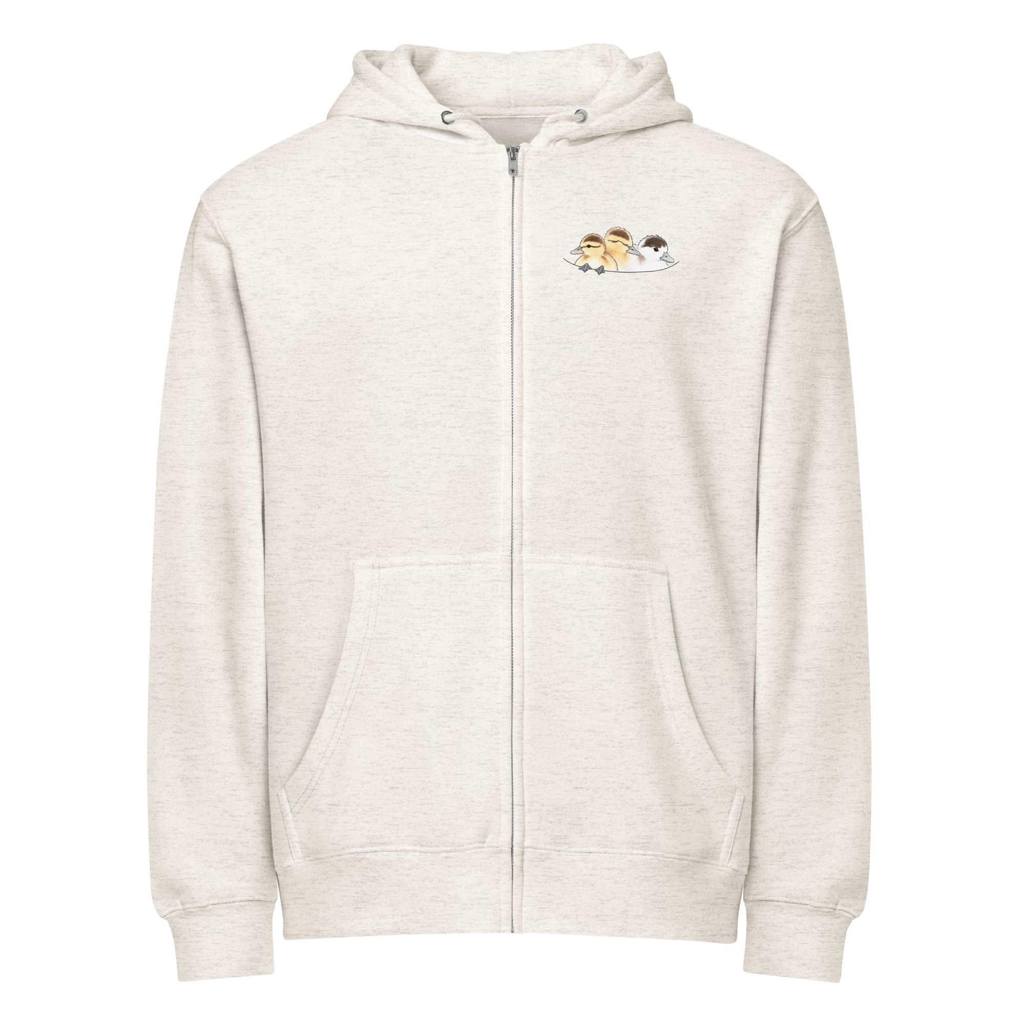 Zip-Hoodie Oatmeal Heather mit Kalli und den Krickenten in der Brusttasche, Vorderseite