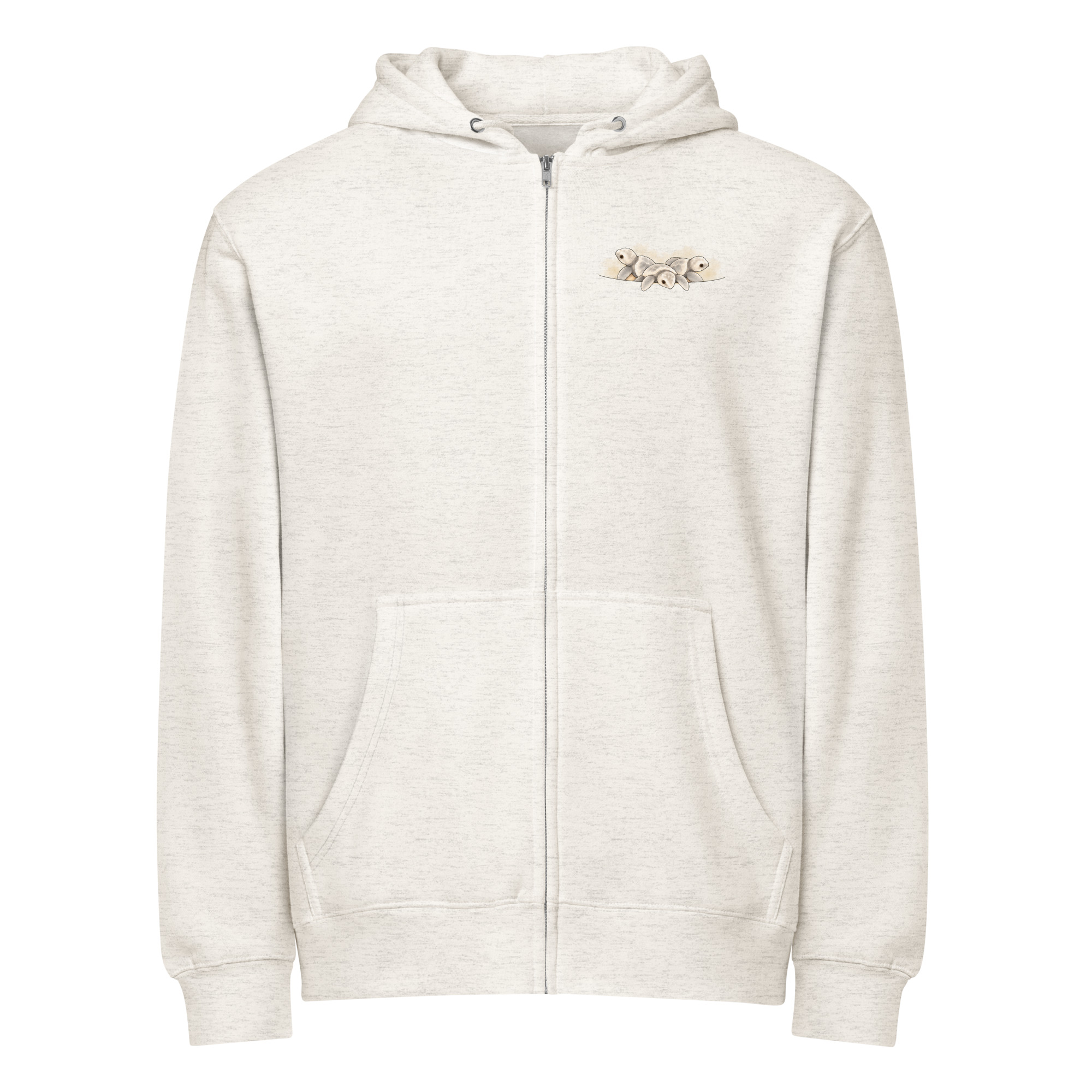 Schildkröten Zip-Hoodie Oatmeal Heather vorne – drei frisch geschlüpfte Schildkröten gucken aus der Brusttasche