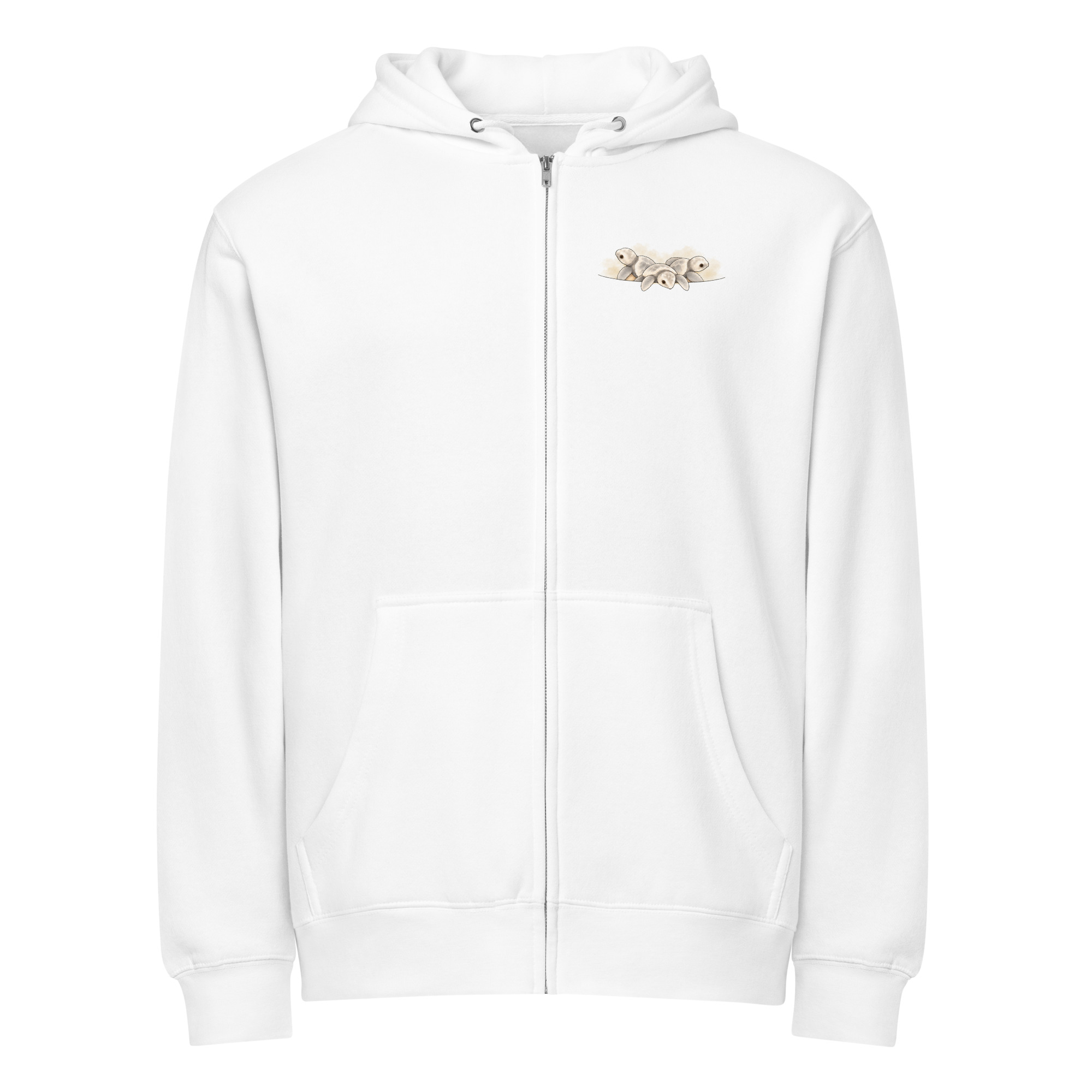 unisex-premium-full-zip-hoodie-white-front-6ad475a3813b9.jpg Schildkröten Zip-Hoodie Weiß vorne – drei frisch geschlüpfte Schildkröten gucken aus der Brusttasche