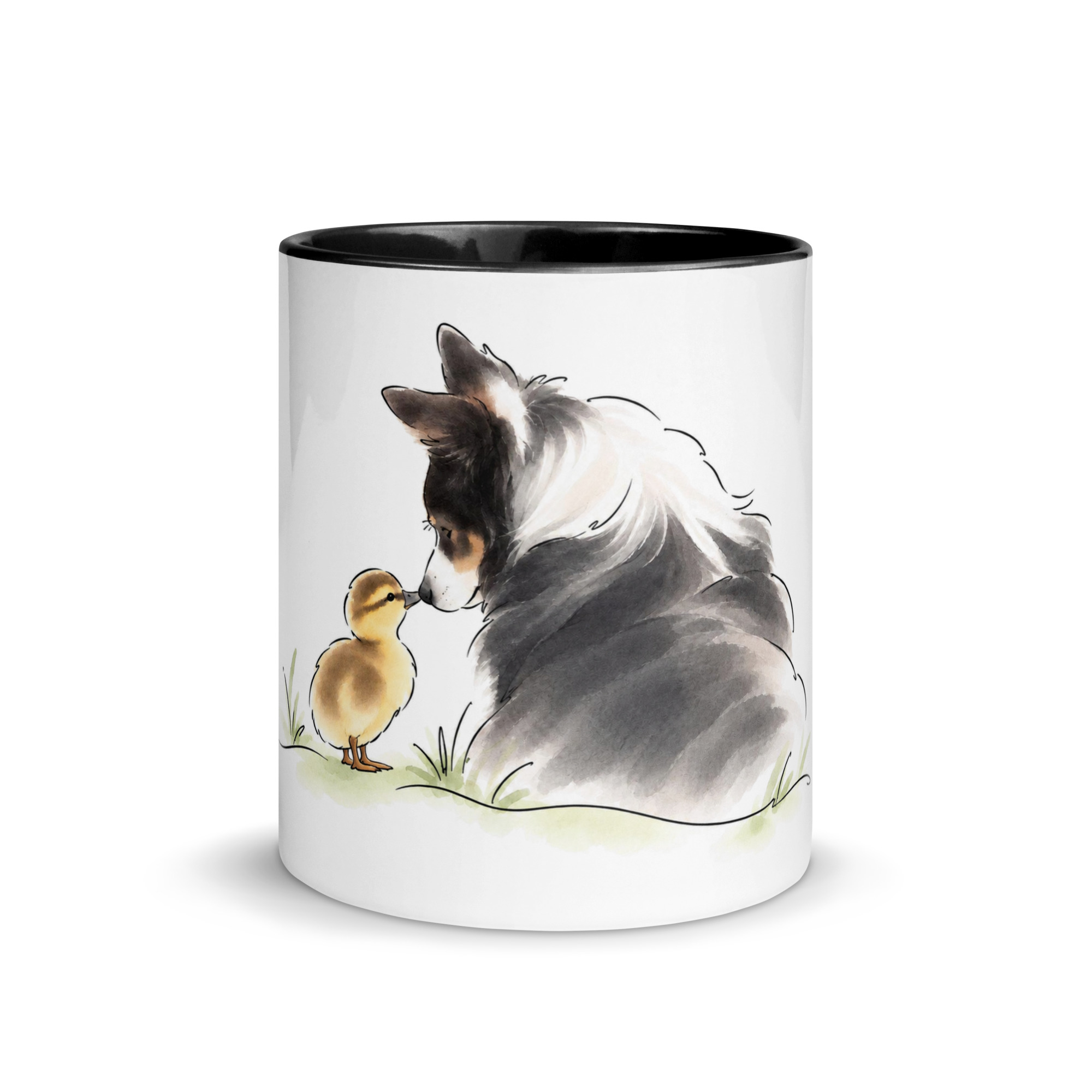 Keramiktasse, innen schwarz, mit Stockentenküken Duffy und Border Collie Luna Nase an Nase, Vorderansicht