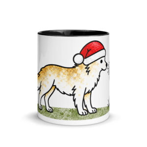 Weihnachtstasse mit Hund – Border Collie Luna mit Pusteblume und Weihnachtsmütze, Keramiktasse mit farbiger Innenseite
