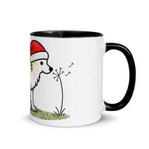Weihnachtstasse mit Hund – Border Collie Luna mit Pusteblume und Weihnachtsmütze, Keramiktasse mit farbiger Innenseite
