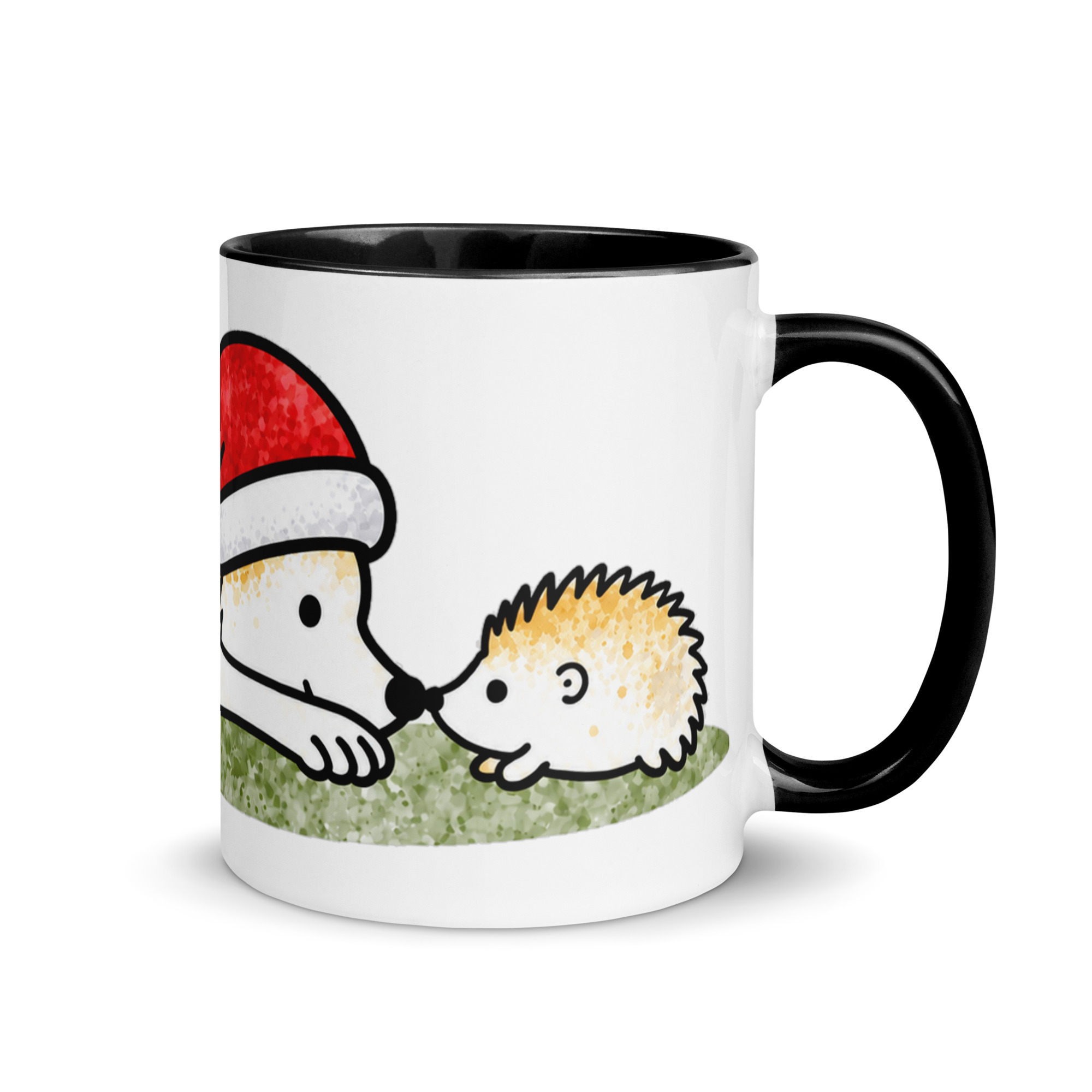 Weihnachtstasse mit Hund – Julchen und Igel Annabell Nase an Nase, Keramiktasse mit farbiger Innenseite