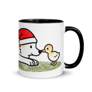 Weihnachtstasse mit Hund – Luna und Stockentenküken Duffy Nase an Nase, Keramiktasse mit farbiger Innenseite