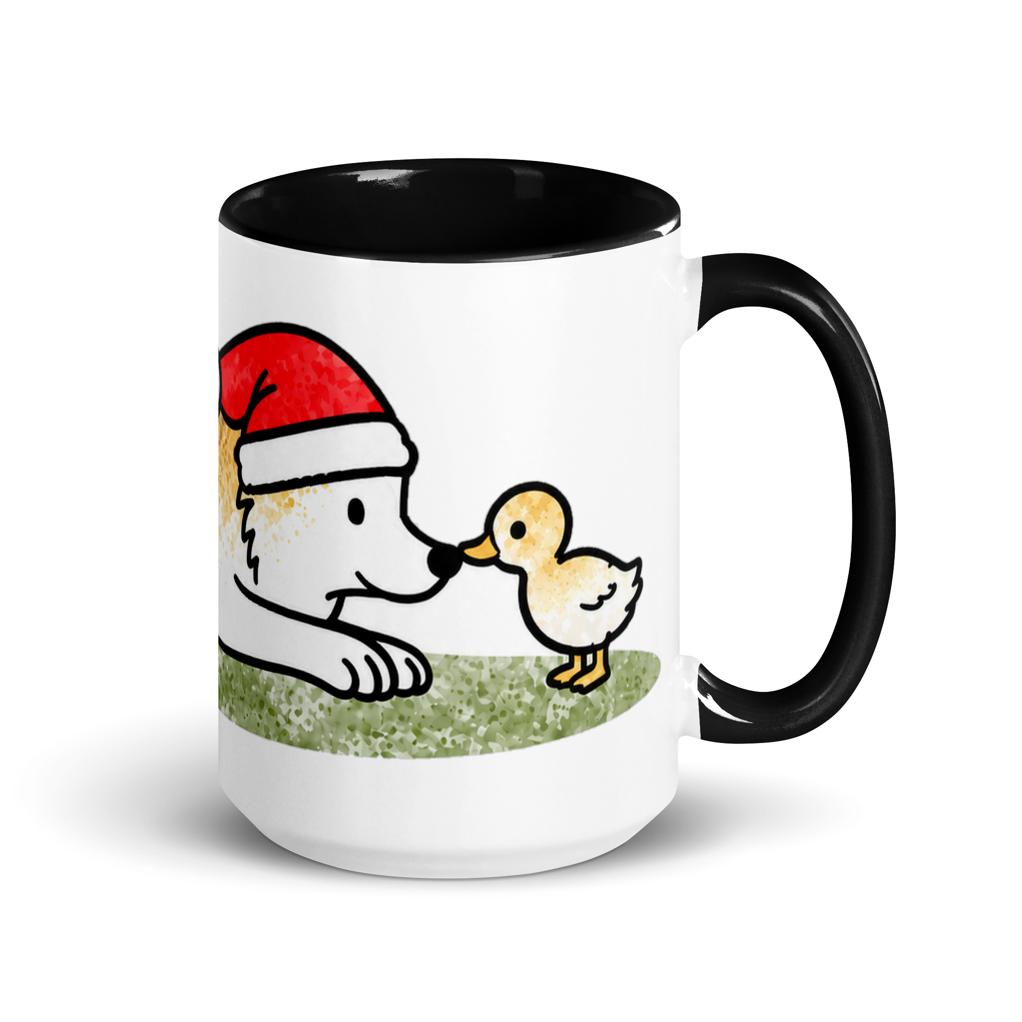 white-ceramic-mug-with-color-inside-black-15-oz-right-6ae36017295e6.jpg Weihnachtstasse mit Hund – Luna und Stockentenküken Duffy Nase an Nase, Keramiktasse mit farbiger Innenseite
