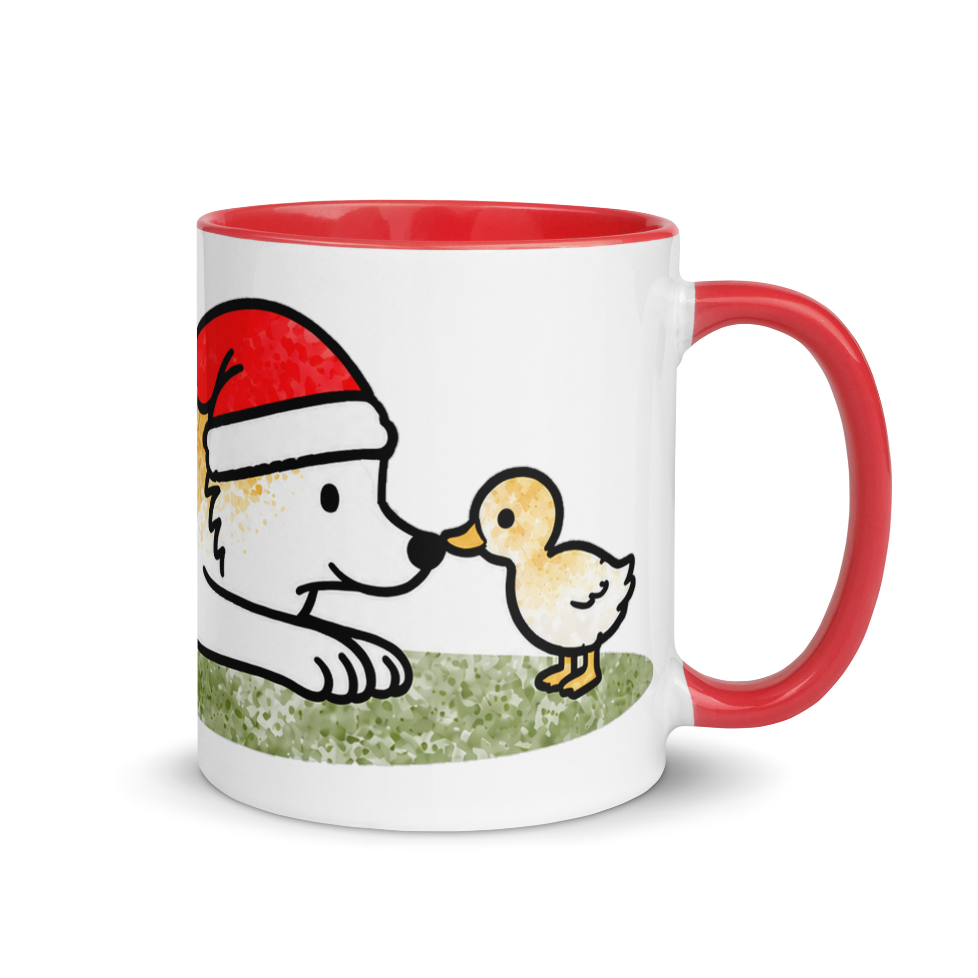 white-ceramic-mug-with-color-inside-red-11-oz-right-6ae3601729760.jpg Weihnachtstasse mit Hund – Luna und Stockentenküken Duffy Nase an Nase, Keramiktasse mit farbiger Innenseite