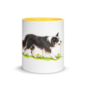 Hunde Tasse – Border Collie Luna mit Pusteblume, Keramiktasse innen gelb