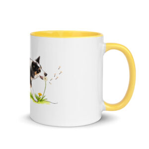 Hunde Tasse – Border Collie Luna mit Pusteblume, Keramiktasse innen gelb