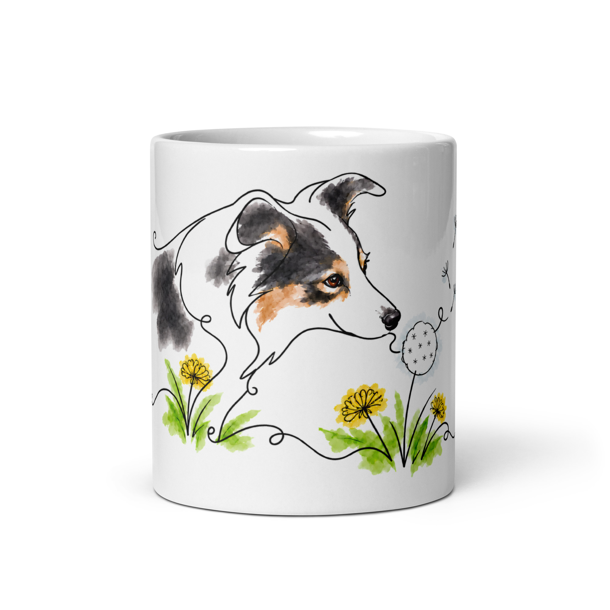 Tasse mit Border Collie Luna und Pusteblume