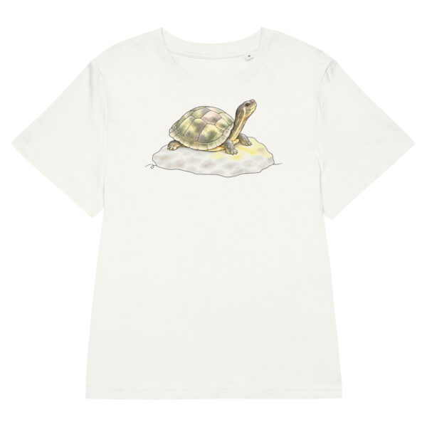 Damen T-Shirt mit Wasserschildkröte Schildi auf ihrem Sonnenstein